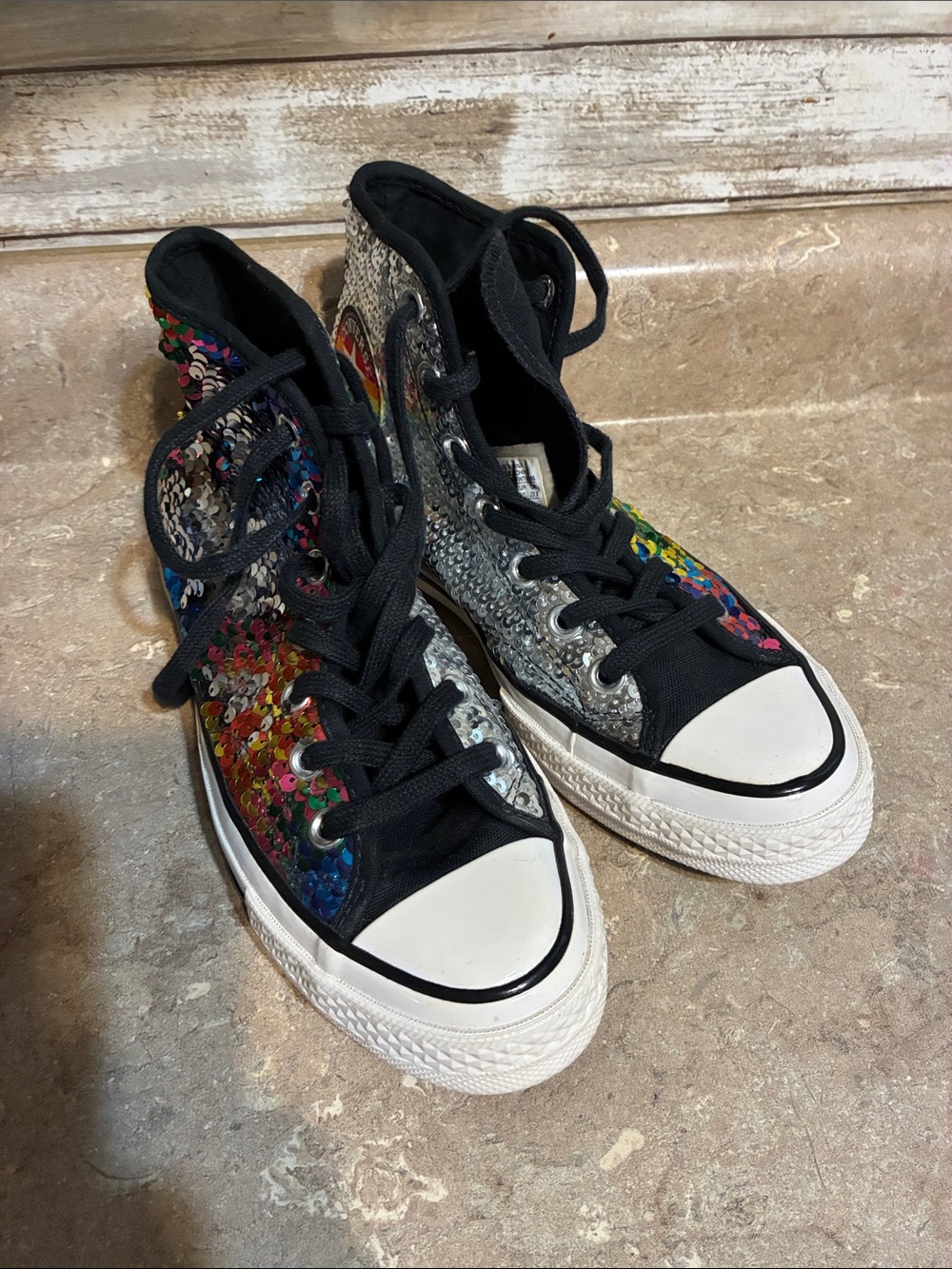 Converse High Top Size 6.5 Pride Sequin Sneakers in Multicolor and Silver - Picture 10 of 11